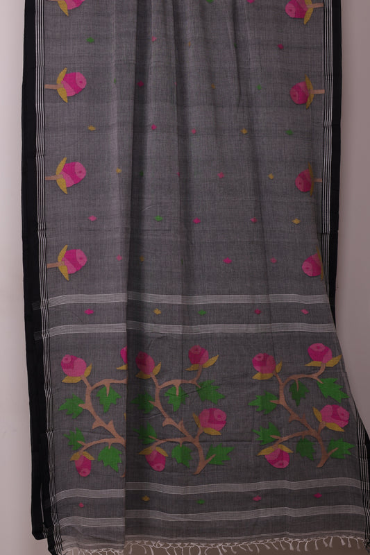 Grey Pure Handwoven Jamdhani Malai Cotton Saree