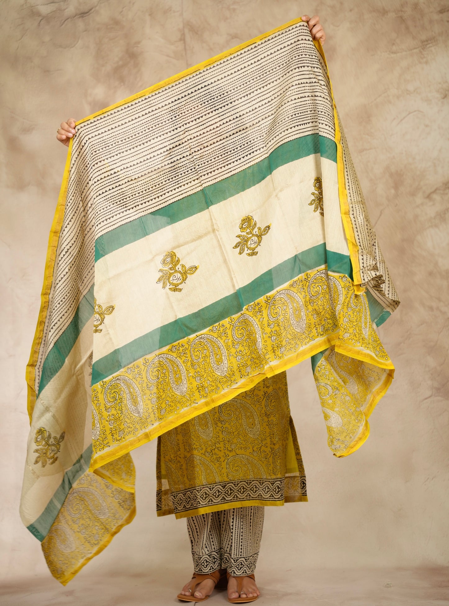 Yellow Handblock printed Pure Chenderi Silk 3 piece suit (stitched) |  Looms & Tassels
