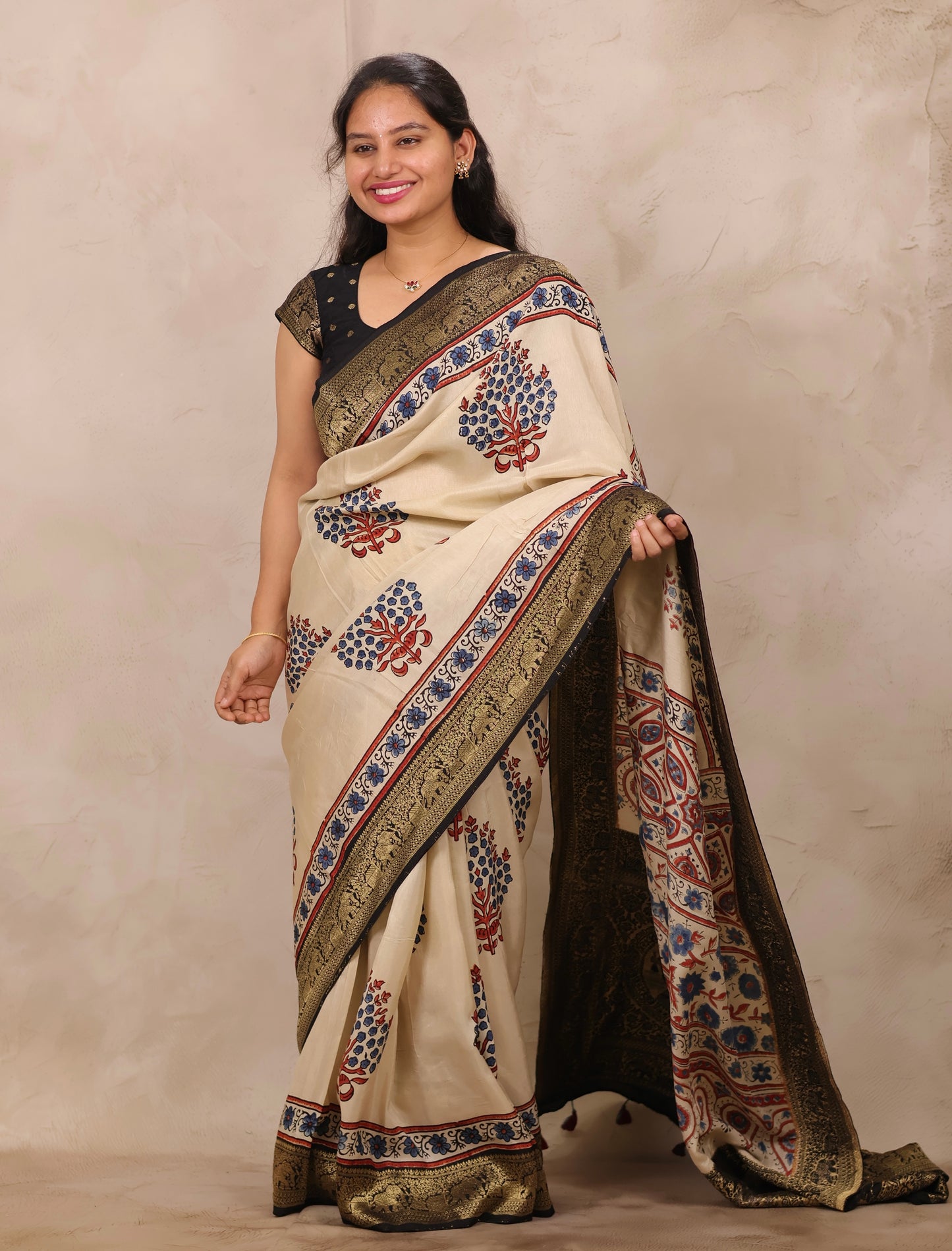 Cream Ajrakh Handblock printed Dola Silk Saree | Looms & Tassels