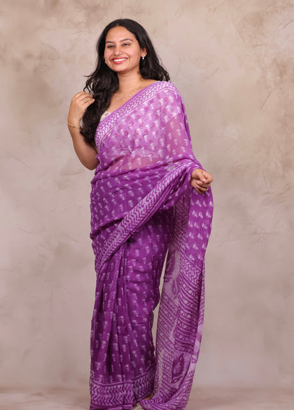 Purple Chiffon Hand Block Printed Saree | Looms & Tassels