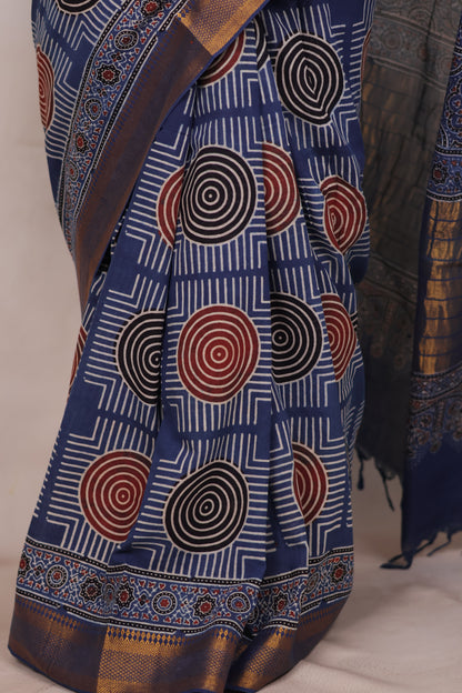 Indigo Ajrakh Hand Block Printed Mangalagiri Cotton Saree | Looms & Tassels