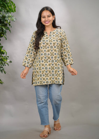 Cream Ajrakh Hand Block Printed Short Top