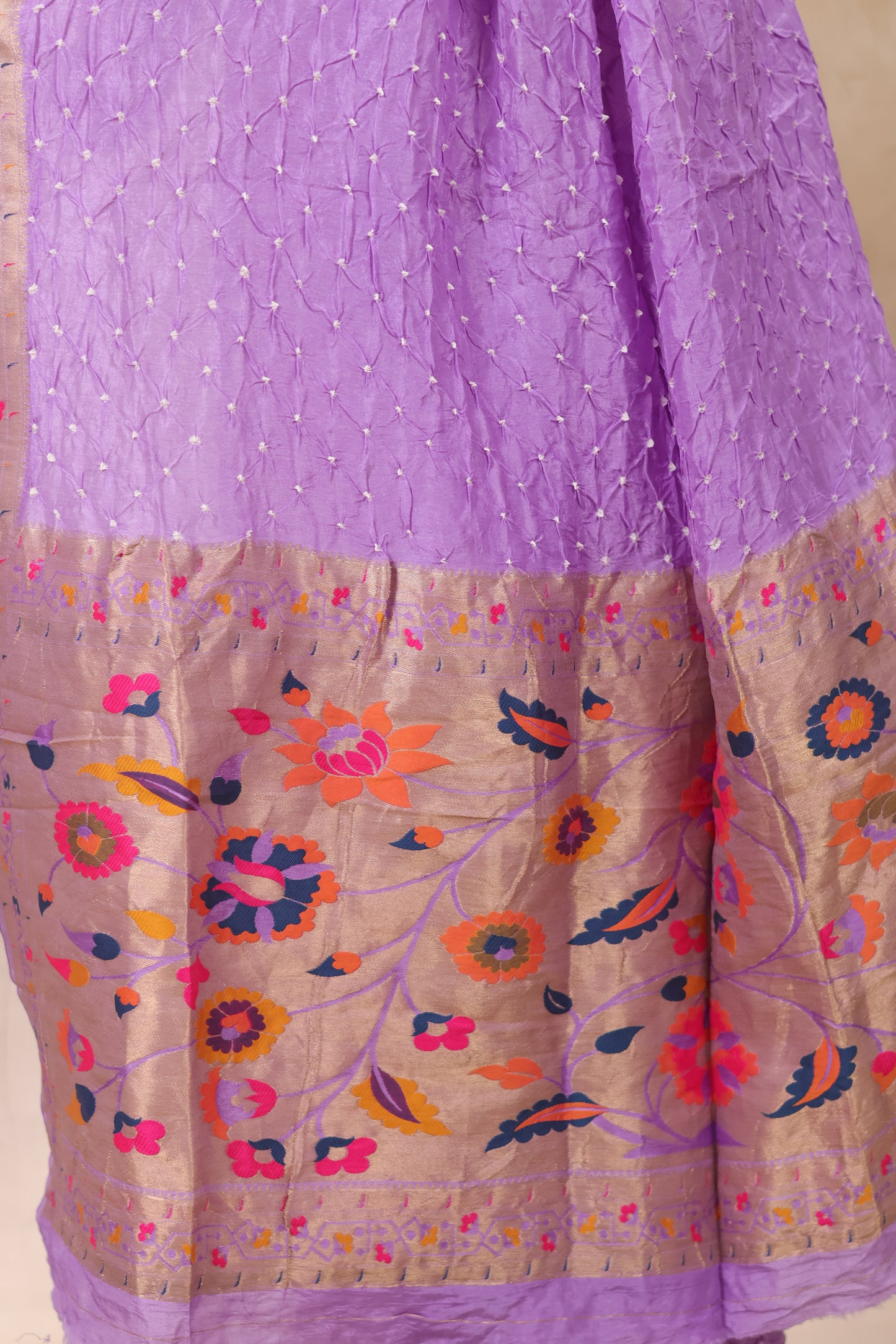 Pastel Lavender Handcrafted Bandhani Paithani Dola Silk Saree | Looms & Tassels
