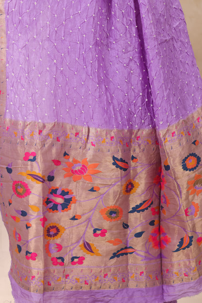 Pastel Lavender Handcrafted Bandhani Paithani Dola Silk Saree | Looms & Tassels