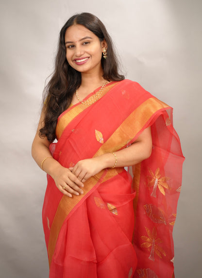 Orange Handloom Muslin Silk Saree With jamdhani weaving | Looms & Tassels