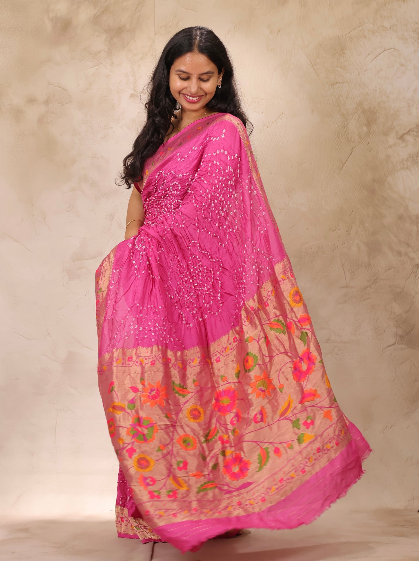 Pink Handcrafted Pattern Bandhani Paithani Dola Silk Saree | Looms & Tassels