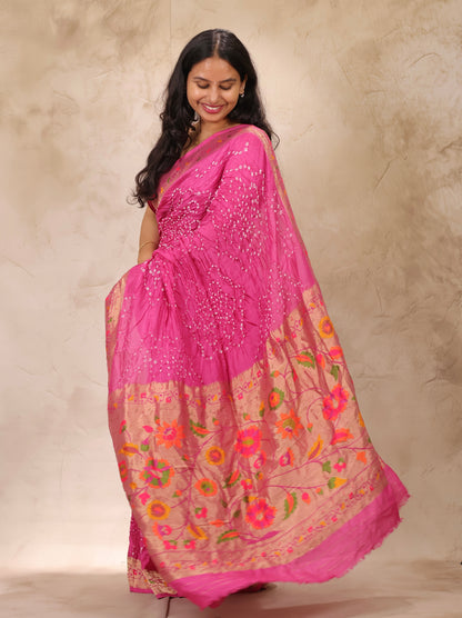Pink Handcrafted Pattern Bandhani Paithani Dola Silk Saree | Looms & Tassels