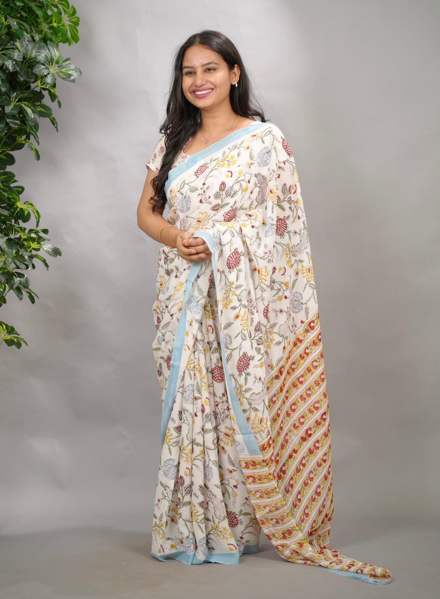 Off White Georgette Hand Block Printed Saree| Looms & Tassels