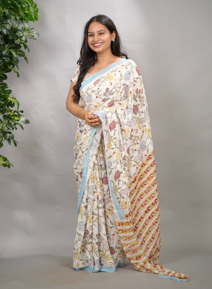 Off White Georgette Hand Block Printed Saree| Looms & Tassels