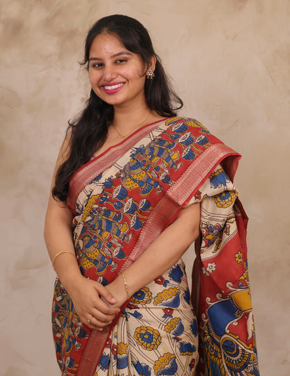 Cream Lotus Story Telling Kalamkari Nizam Border Chennur Silk Saree | Looms & Tassels