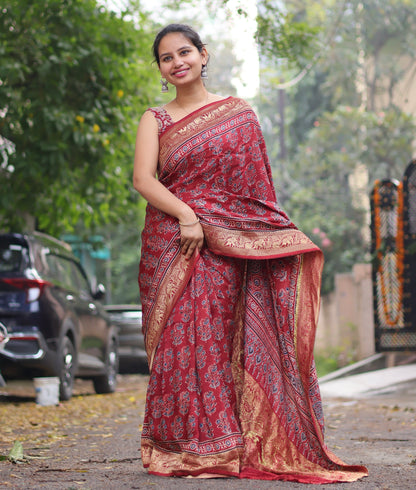 Red Floral Motifs Ajrakh Handblock Printed Dola Silk Saree