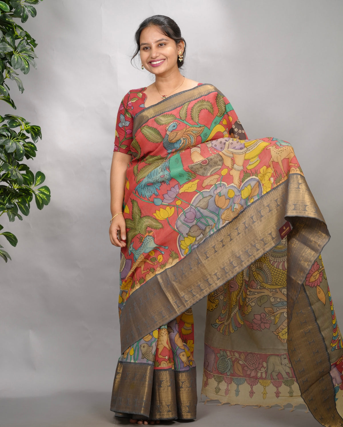 Peach Hand Drawn Pen Kalamkari Bangalore Silk Kanchi Border Saree | Looms & Tassels