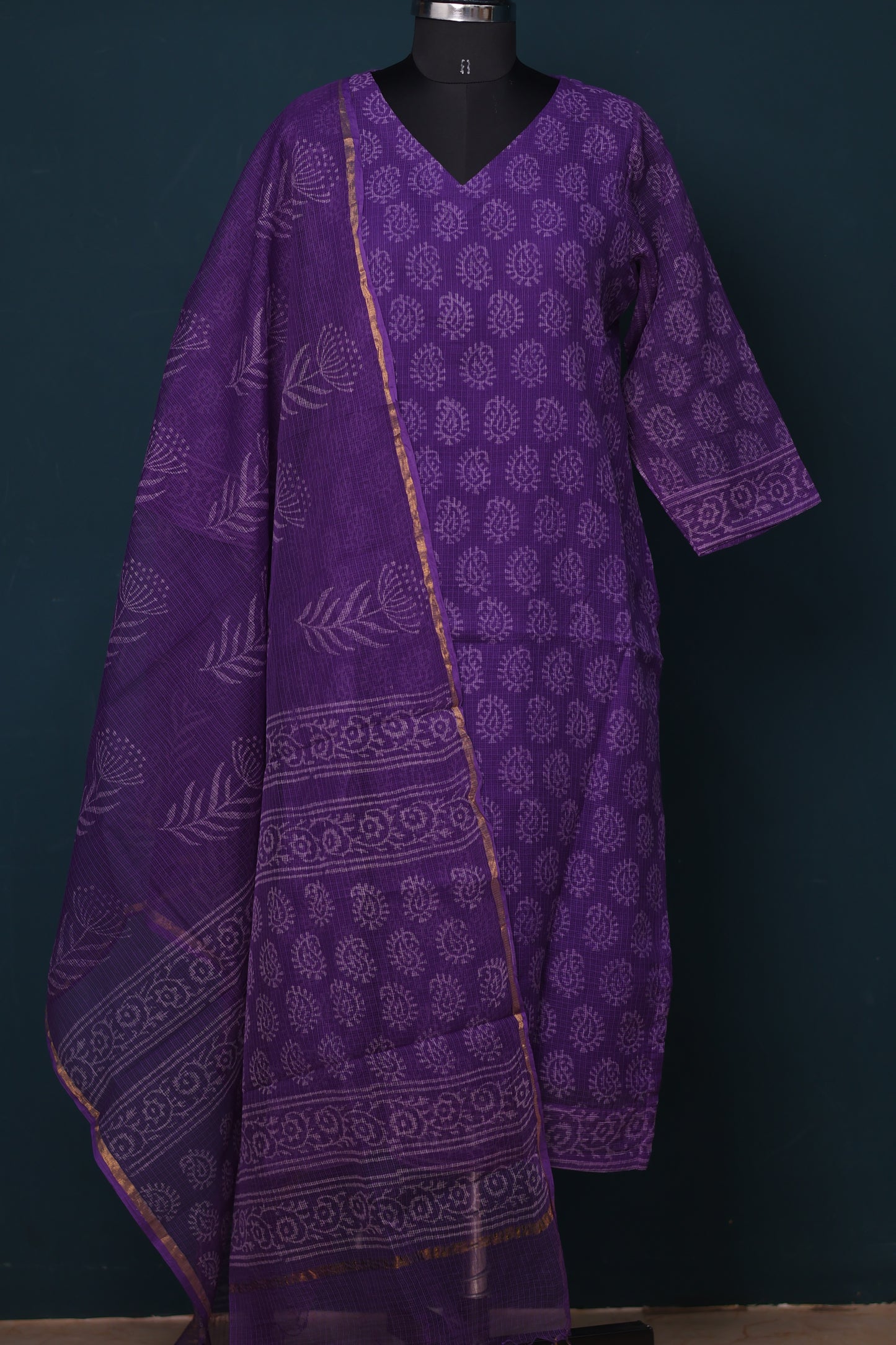 Purple Handblock printed kota 3 piece suit (stitched)