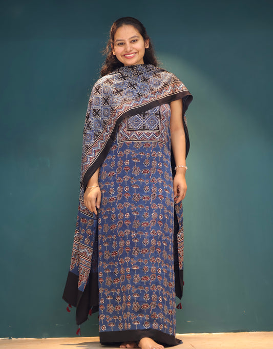 Indigo Handblock printed Ajrakh modal silk 2 piece suit set