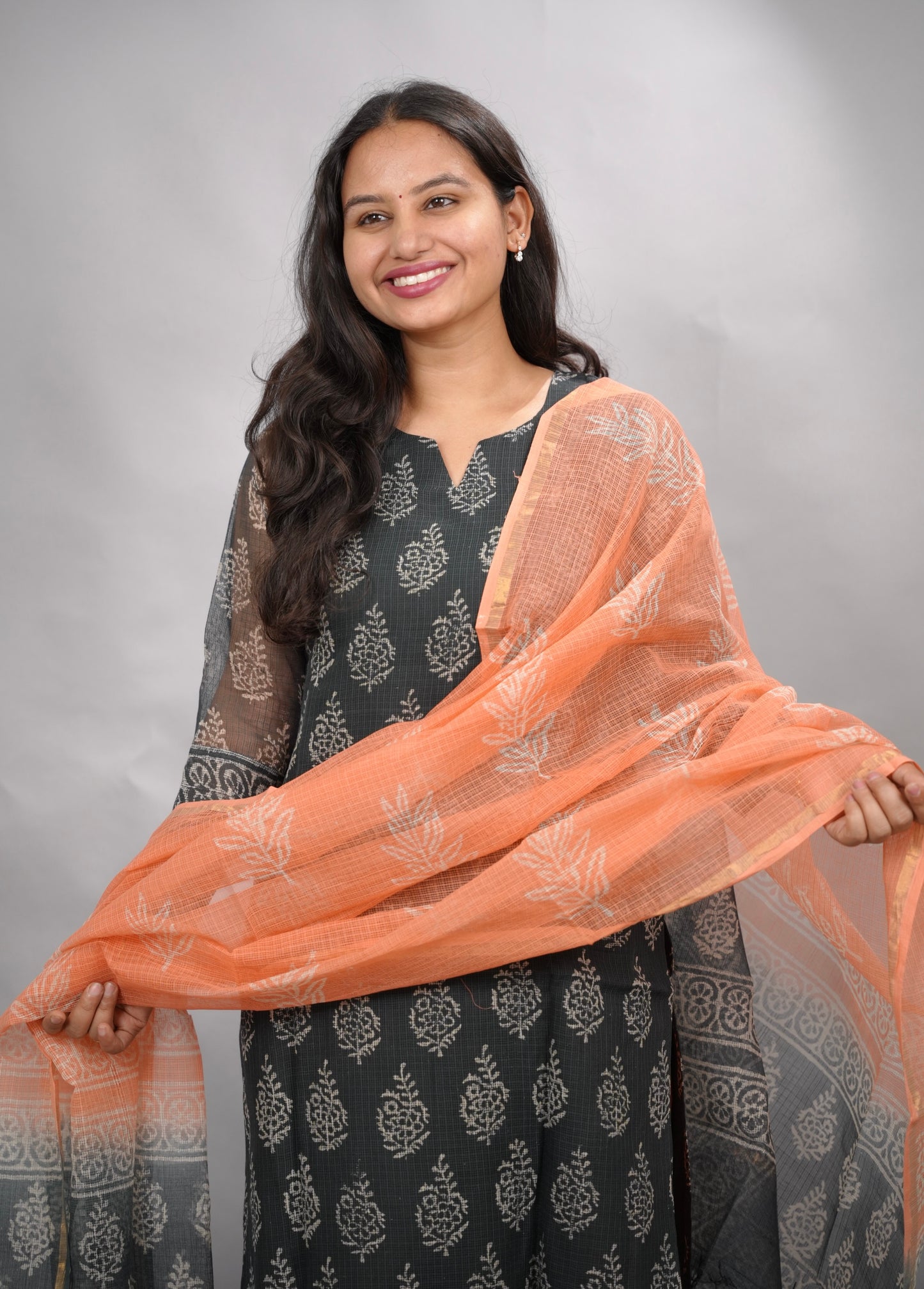 Grey & orange Handblock printed kota 3 piece suit (stitched)| Looms & Tassels
