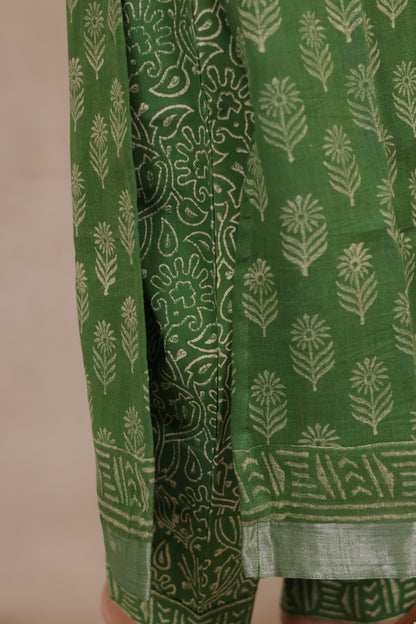 Green Linen Cotton Handblock printed 3 piece suit (stitched)