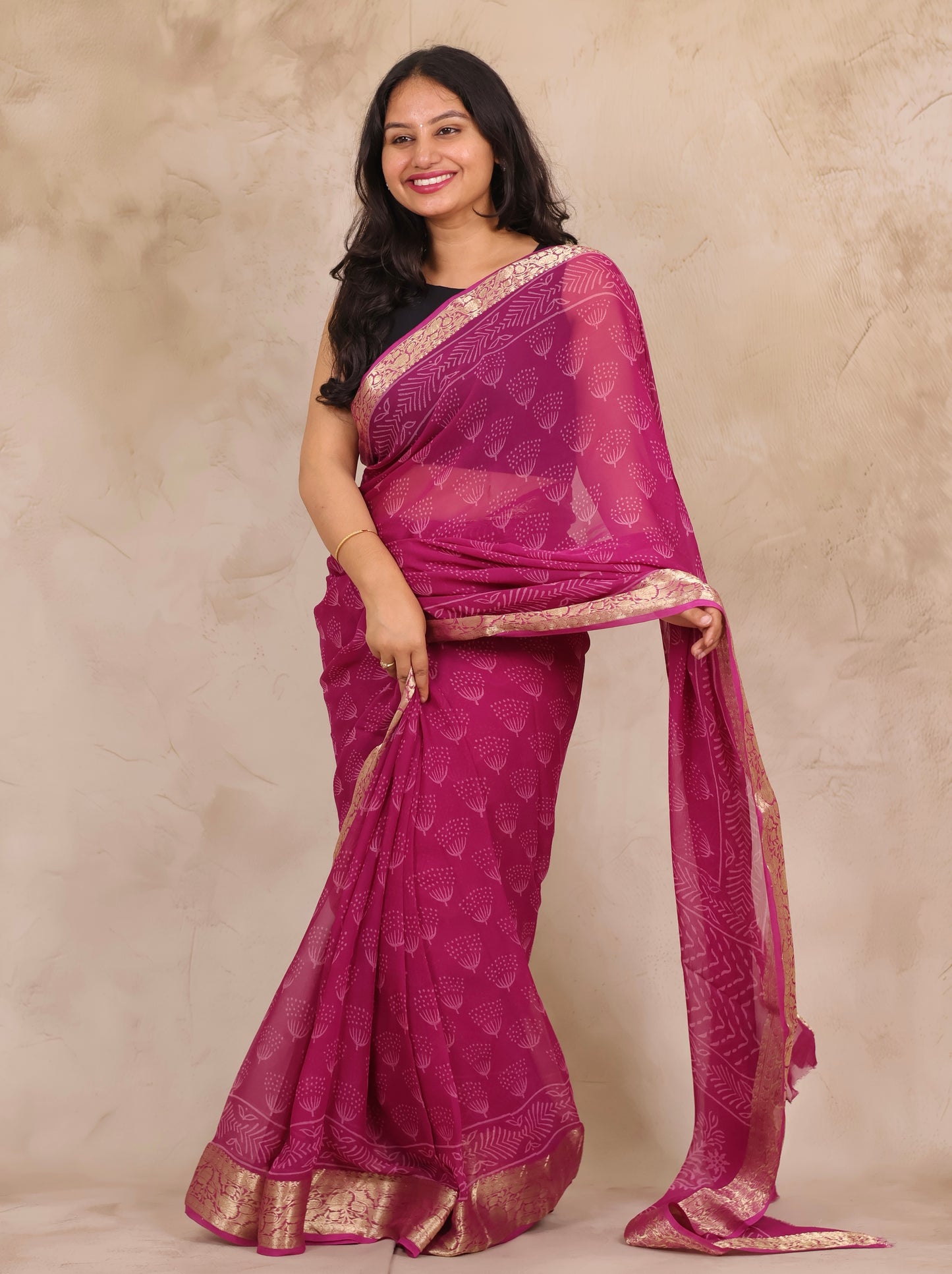Magenta Pink Chiffon Hand Block Printed Saree with Jari Border | Looms & Tassels