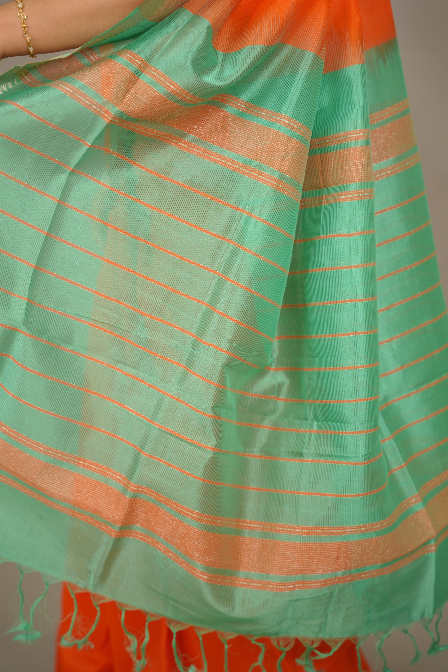 Orange Handloom Mangalagiri Silk Saree| Looms & Tassels