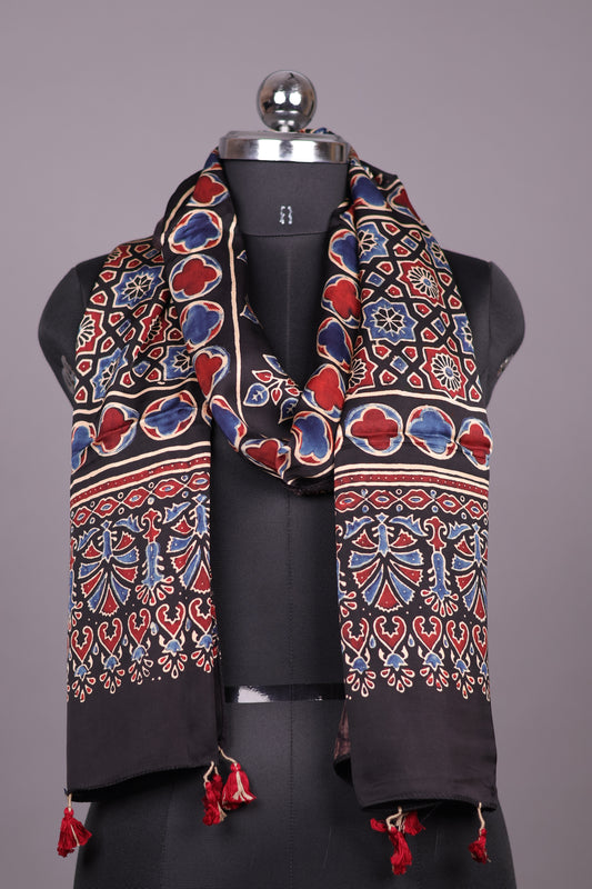 Black Ajrakh Hand Block Printed Modal Silk Stole | Looms & Tassels
