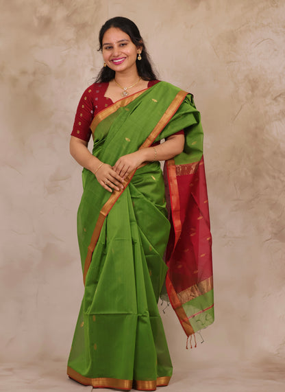 Green & Red Handloom Maheswari Silk Cotton Sarees | Looms & Tassels