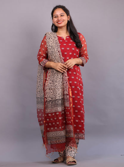 Red Lotus Handblock printed kota 3 piece suit (stitched)