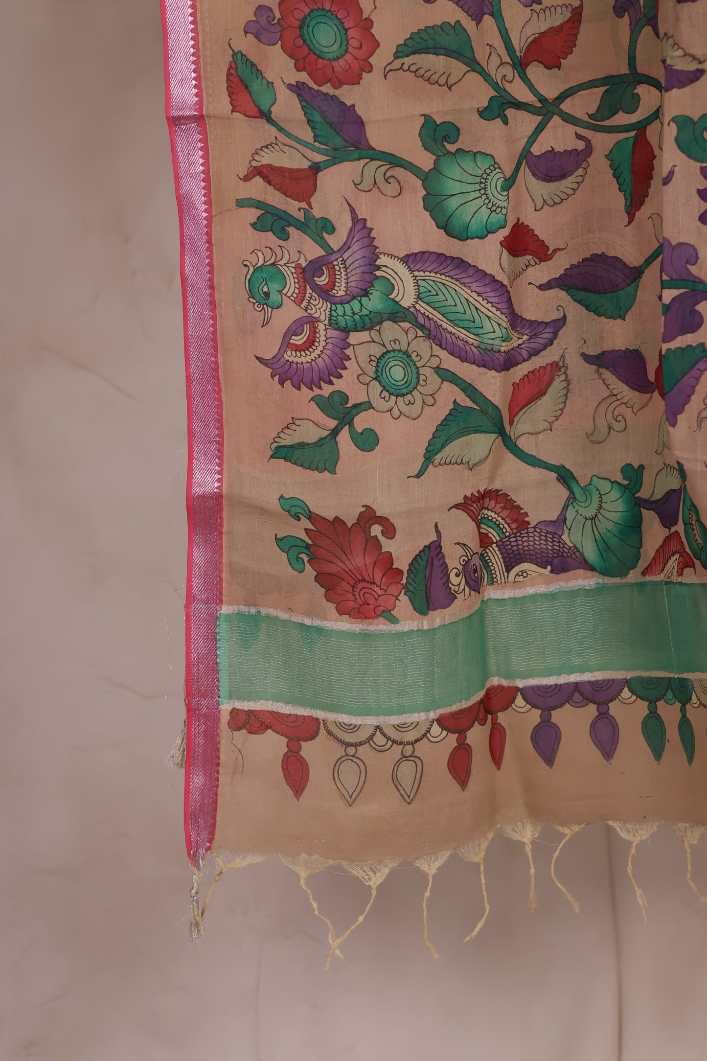 Pastel Pen Kalamkari Mangalagiri silk Dupatta