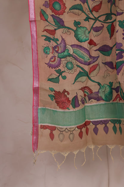 Pastel Pen Kalamkari Mangalagiri silk Dupatta