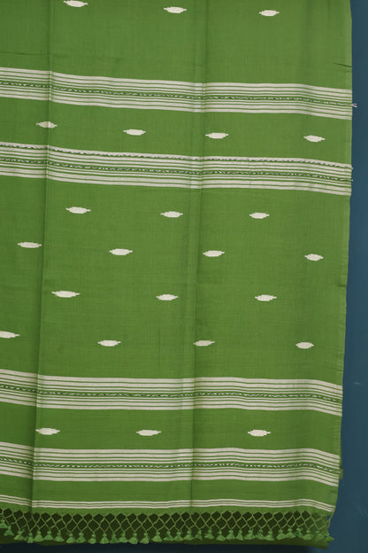 Olive Green Pure Handwoven Malai Cotton Saree with Butta Weaving