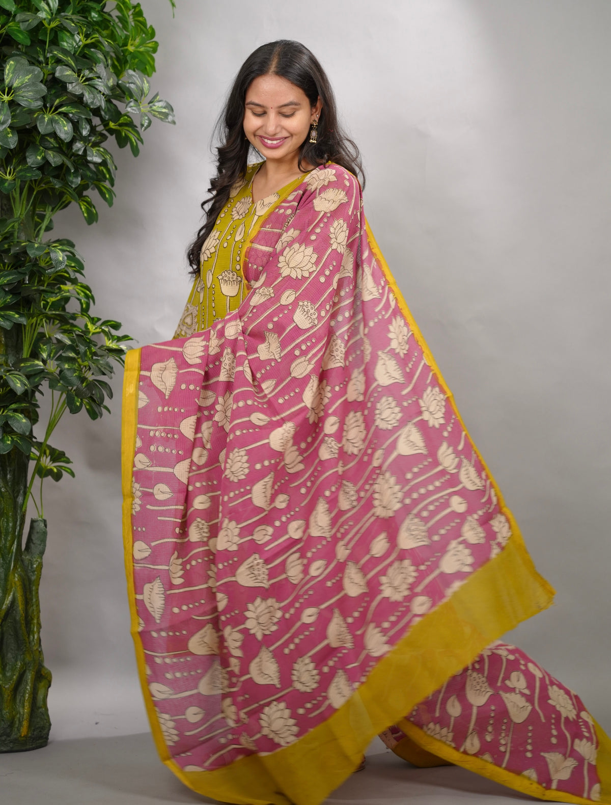 Lemon Green Kalamkari Kota Cotton 3 piece suit (stitched) | Looms & Tassels