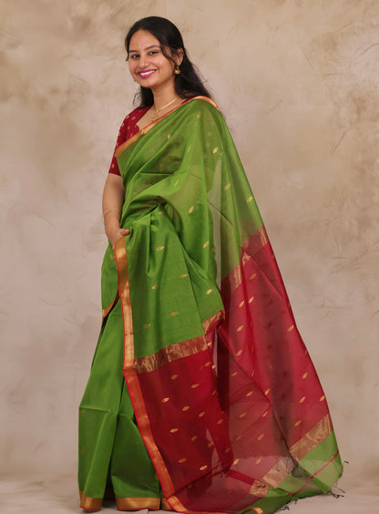 Green & Red Handloom Maheswari Silk Cotton Sarees | Looms & Tassels