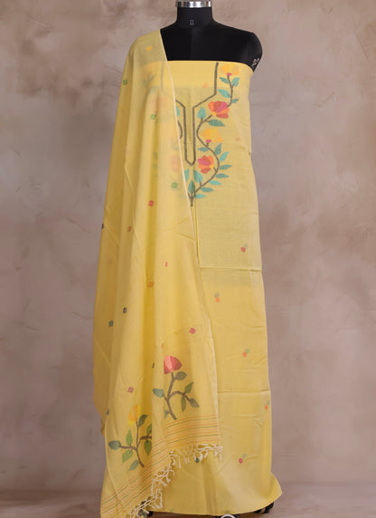 Yellow Handwoven Jamdhani weaving pure Malai cotton 2 piece suit sets | Looms & Tassels