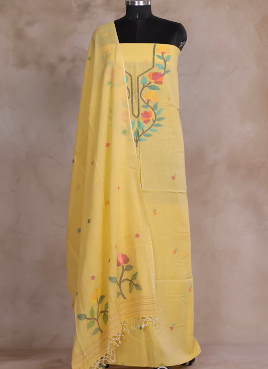 Yellow Handwoven Jamdhani weaving pure Malai cotton 2 piece suit sets | Looms & Tassels