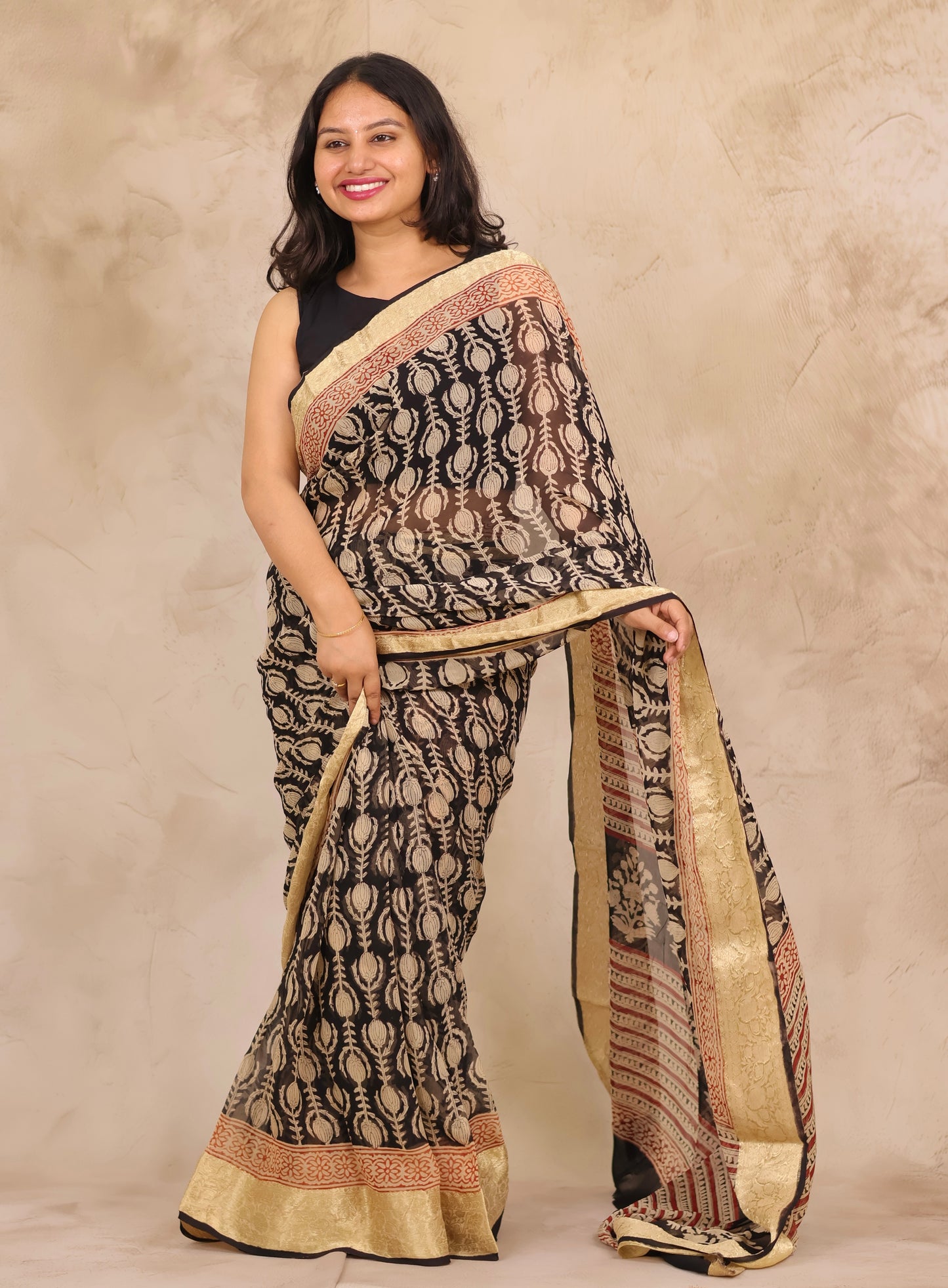 Black Chiffon Hand Block Printed Saree with Jari Border | Looms & Tassels
