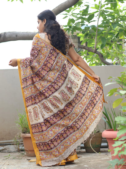 Maroon Hand Block Printed Kalamkari Nizam Border Silk Sare