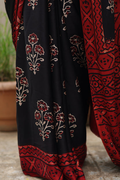 Black Ajrakh Modal Silk Saree