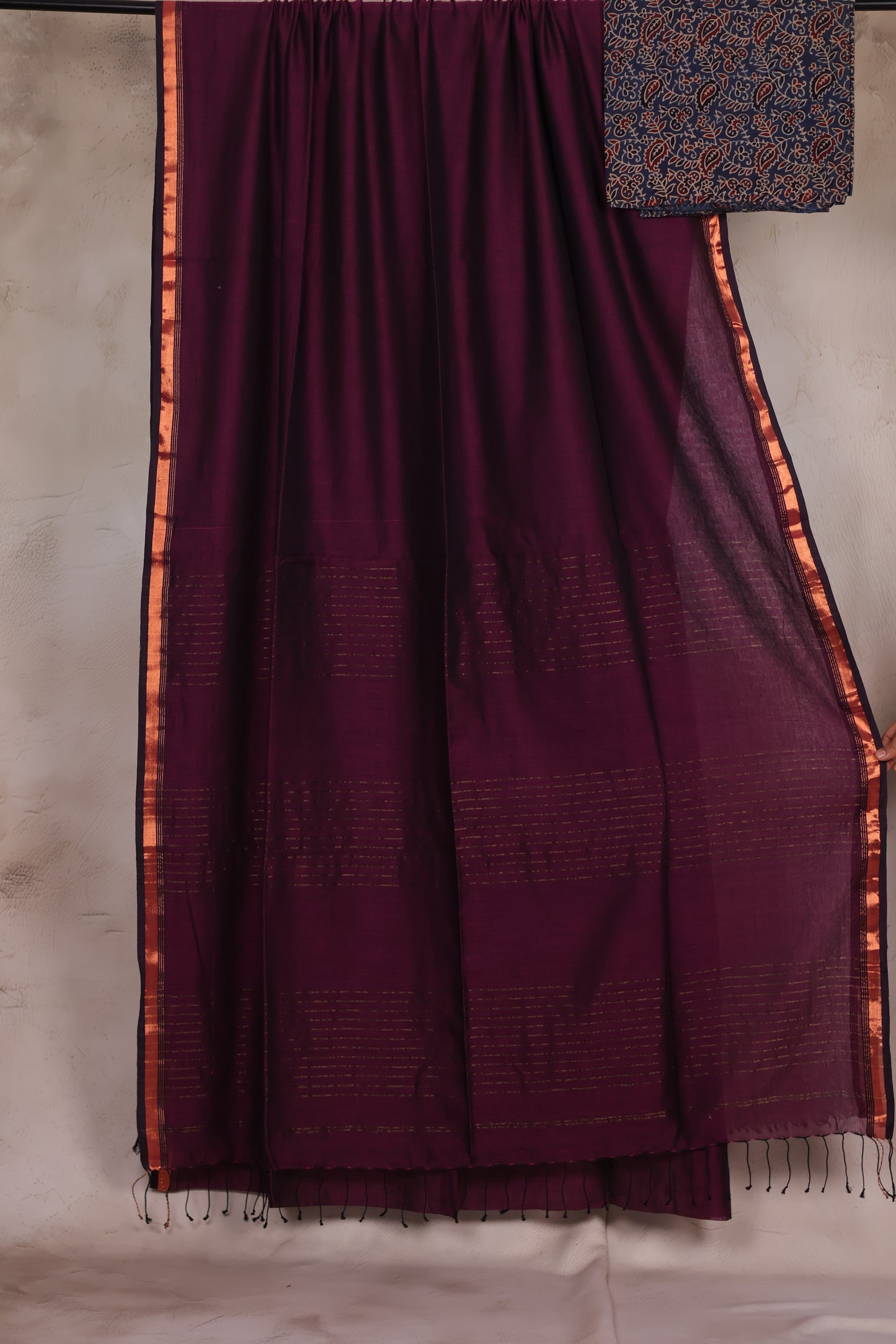 Handwoven Malai Cotton Saree with Sequence Work with Ajrakh blouse piece