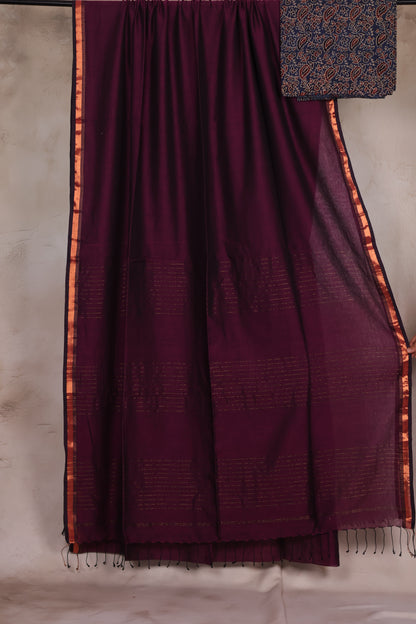 Handwoven Malai Cotton Saree with Sequence Work with Ajrakh blouse piece