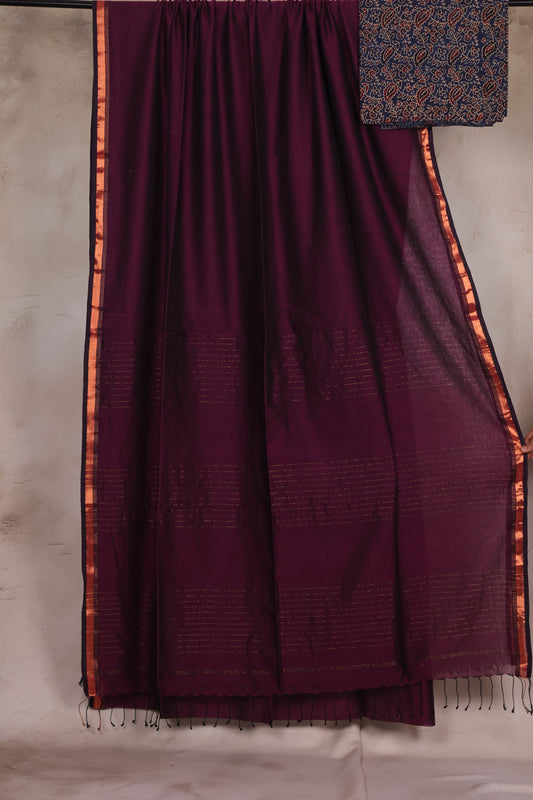 Handwoven Malai Cotton Saree with Sequence Work with Ajrakh blouse piece