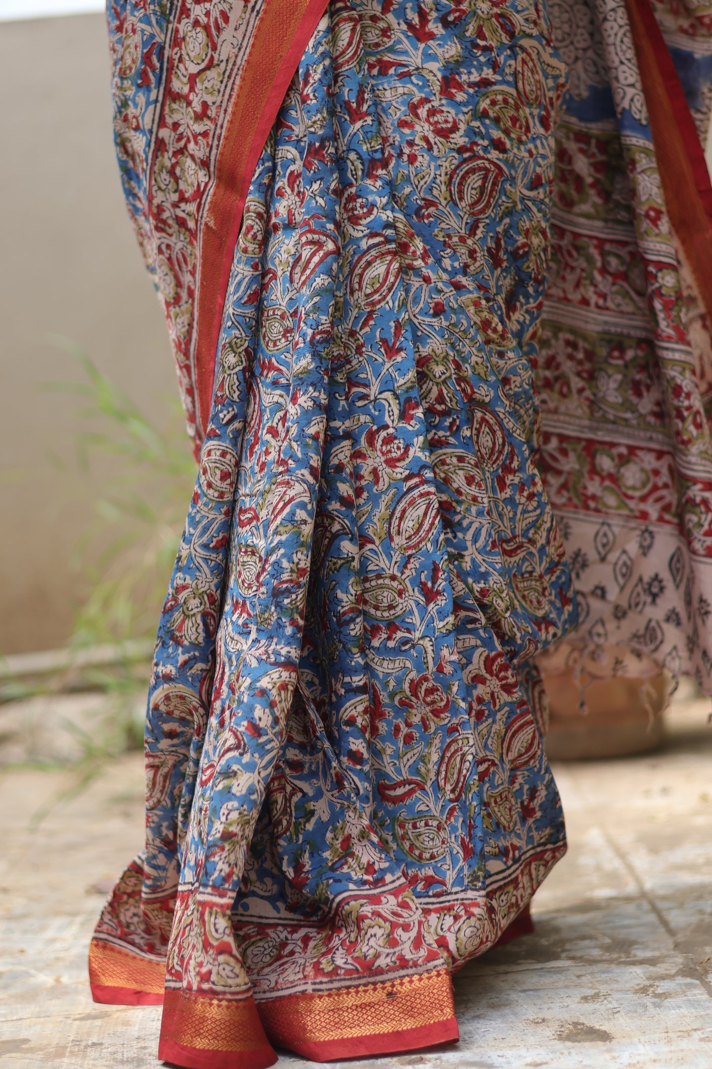 Blue Hand Block Printed Kalamkari Nizam Border Silk Sare