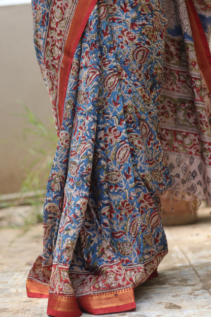 Blue Hand Block Printed Kalamkari Nizam Border Silk Sare
