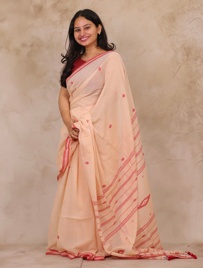 Cream Handwoven Malai Cotton Saree| Looms & Tassels