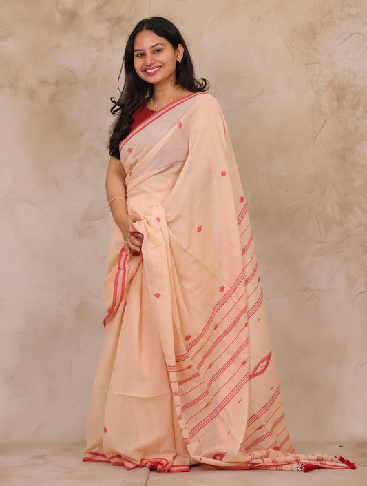 Cream Handwoven Malai Cotton Saree | Looms & Tassels