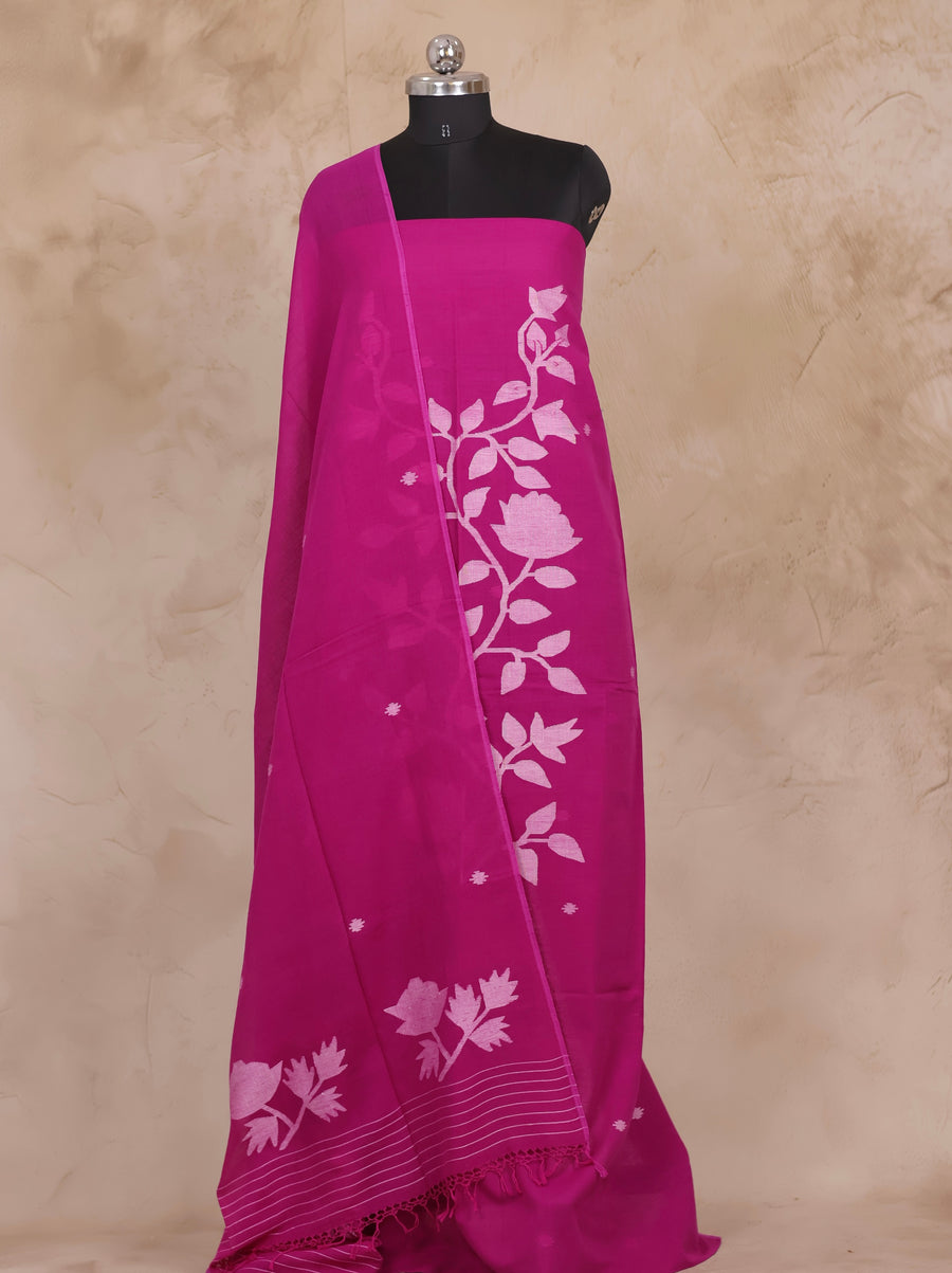 Magenta Handwoven Jamdhani weaving pure Malai cotton 2 piece suit sets | Looms & Tassels