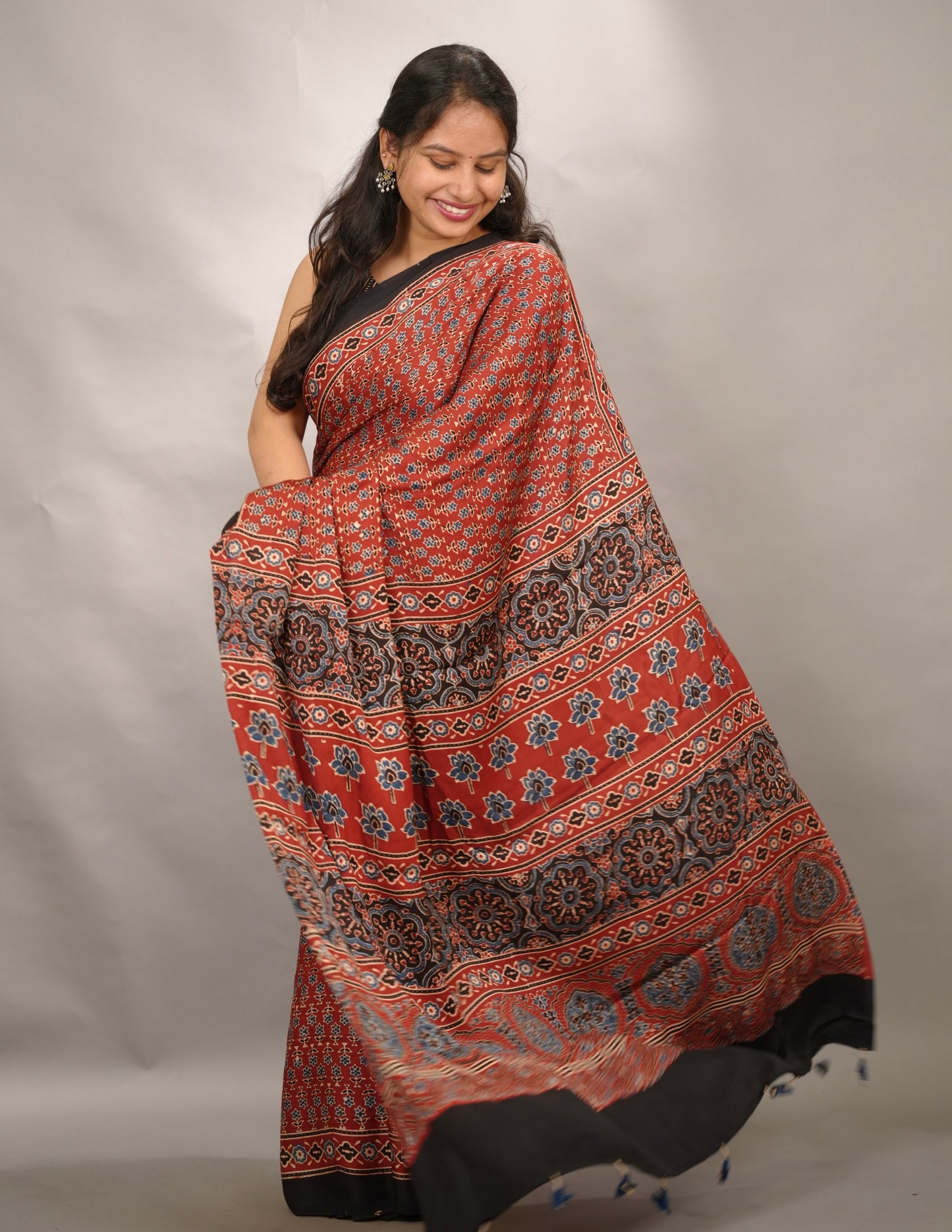 Maroon Small Print Authentic Ajrakh Handblock Printed Modal Silk Saree | Looms & Tassels