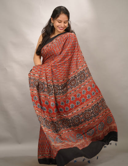 Maroon Small Print Authentic Ajrakh Handblock Printed Modal Silk Saree | Looms & Tassels