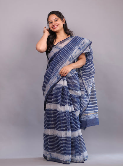 Pure Kota Doria Saree with Bagru Handblock Prints – Blue | Looms&Tassels