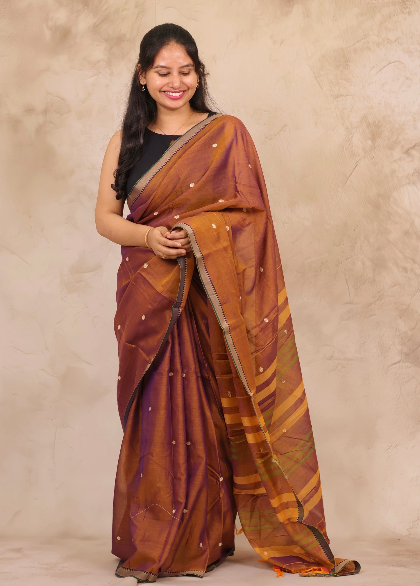 Mustard Narayanpet Cotton Saree With Butta Weaving | Looms & Tassels