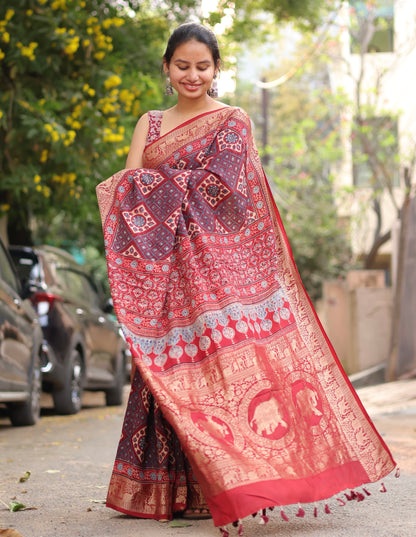 Traditional Ajrakh Dola Silk Saree