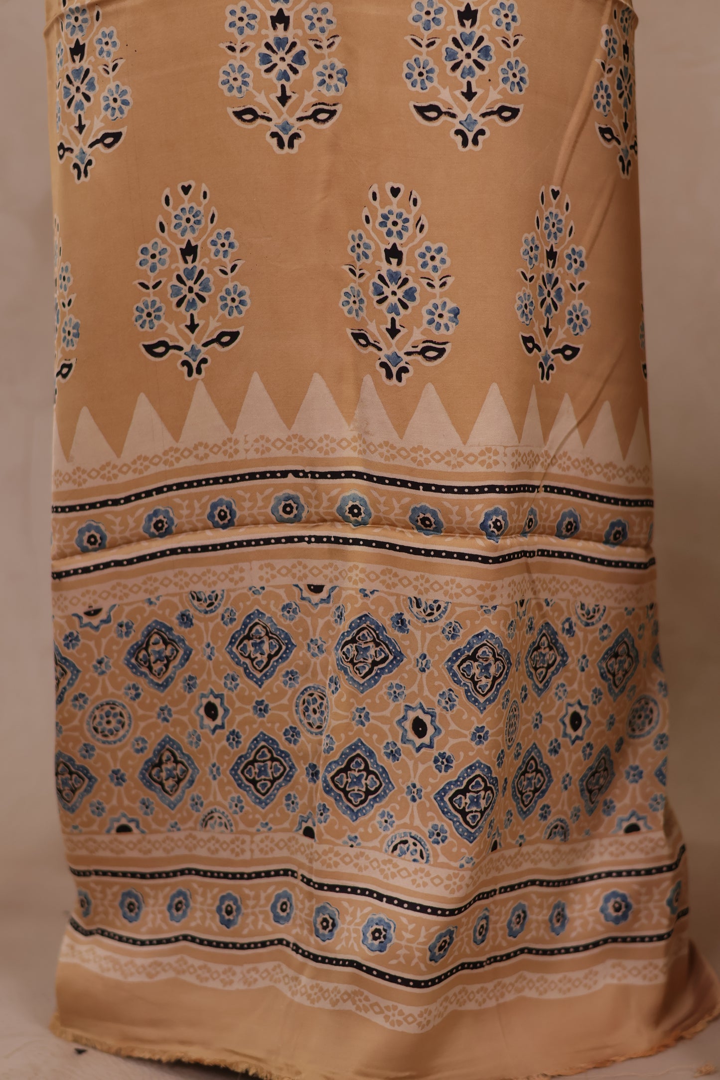 Cream Ajrakh Hand Block Printed Natural Dyed Modal Silk 2 Piece Suit Set | Looms & Tassels