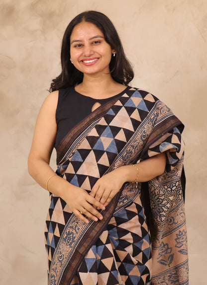 Maheswari Silk Cotton Ajrakh Handblock Printed Saree | Looms & Tassels